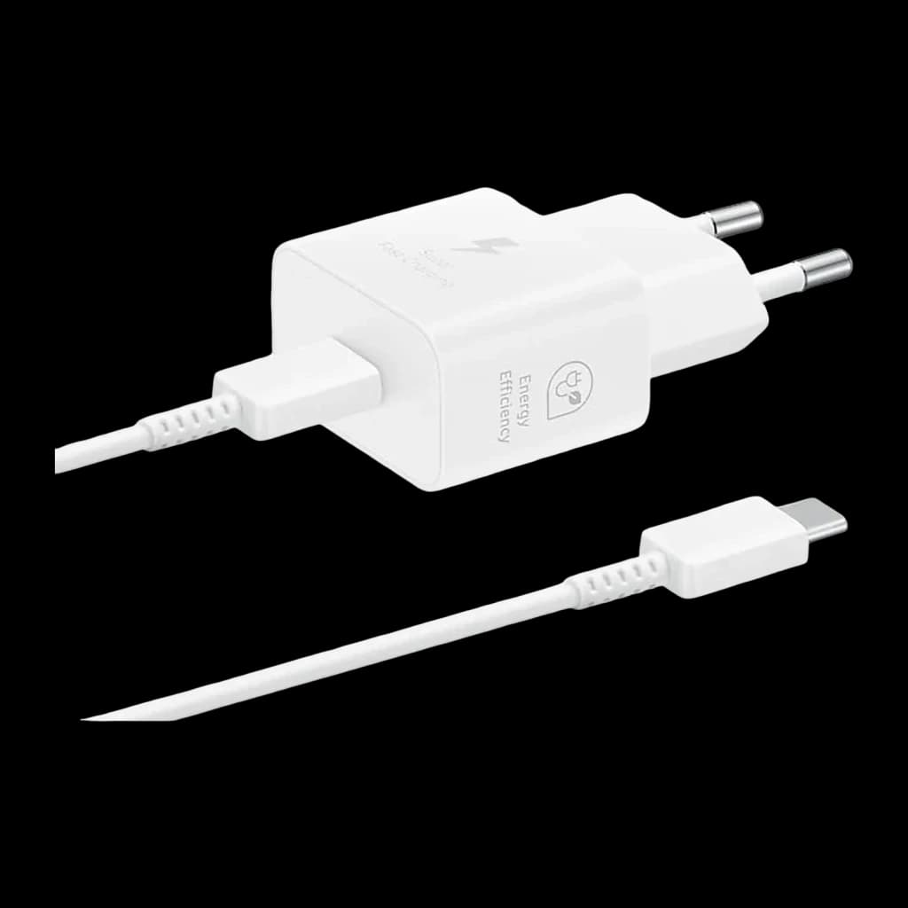Chargeur Samsung Blanc 25W USB-C EP-T2510XWEG, détail: adaptateur prise EU et câble USB-C inclus sur fond noir