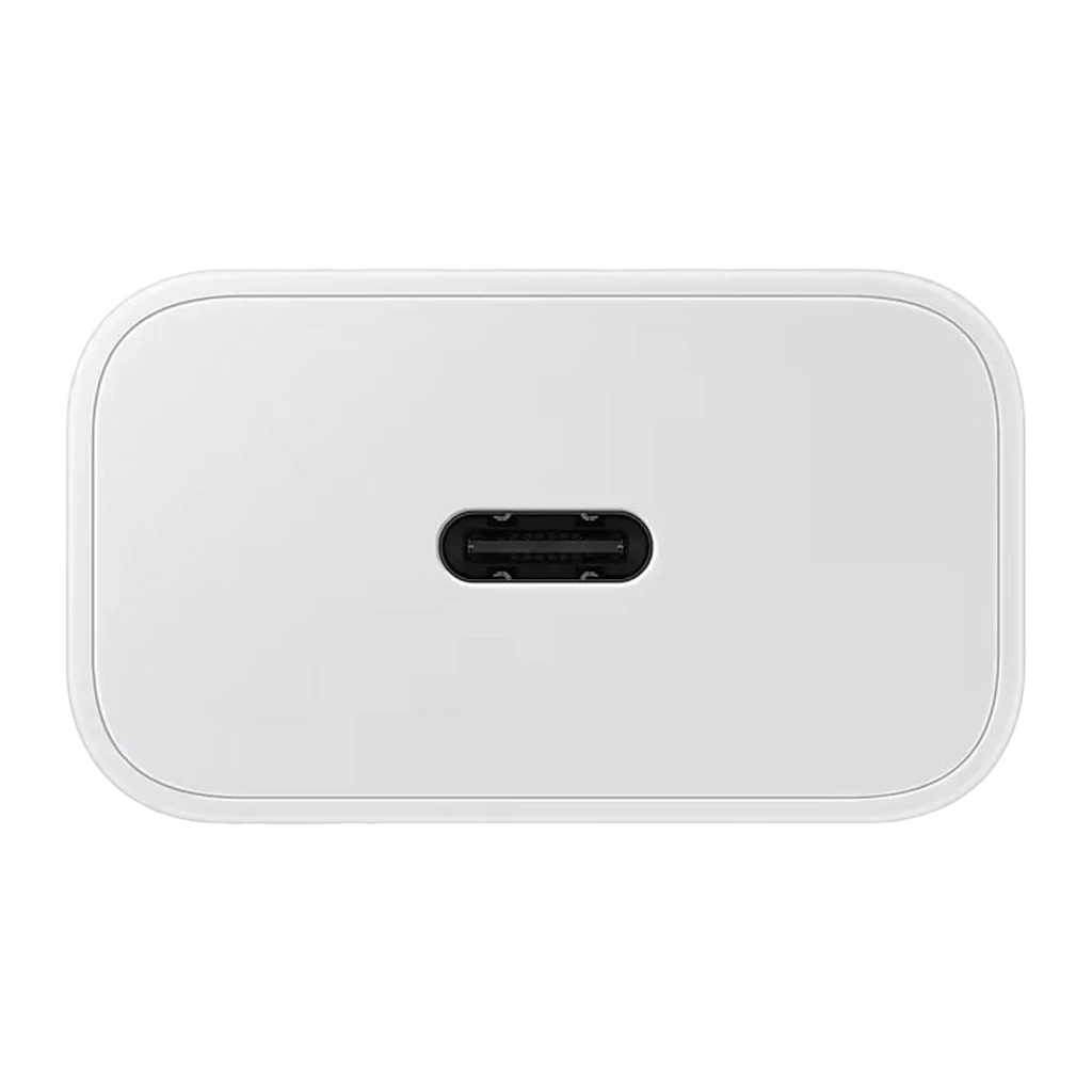 Chargeur Samsung Blanc 25W USB-C EP-T2510XWEG, détail: port USB-C centré sur la face inférieure de l'adaptateur