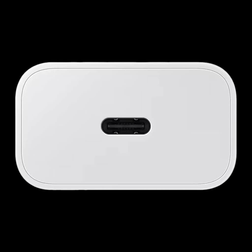 Chargeur Samsung Blanc 25W USB-C EP-T2510XWEG, détail: port USB-C centré sur la face inférieure de l'adaptateur