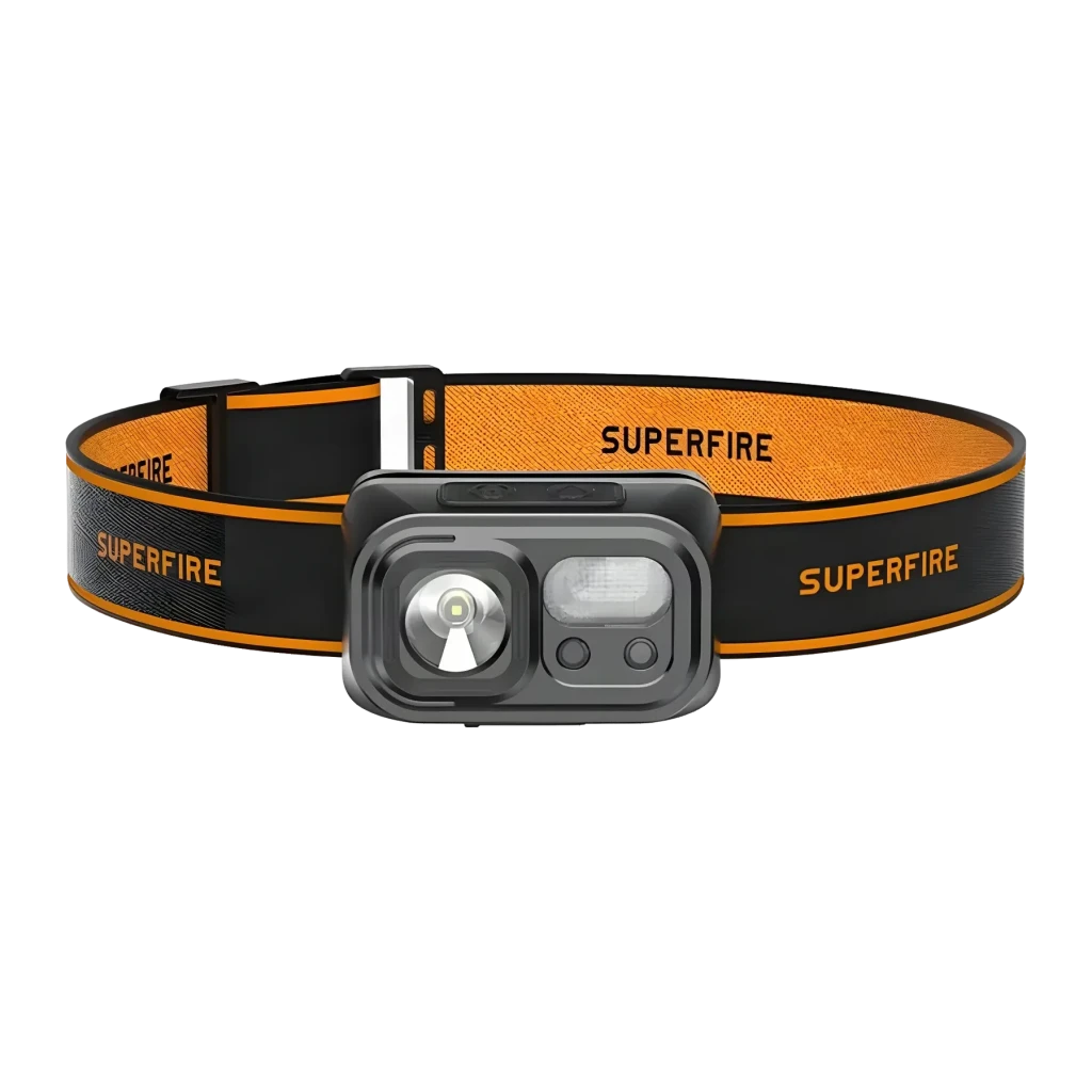 Lampe frontale LED Superfire Noir Rechargeable USB-C 120 lumens 110 m HL23-X, vue frontale: corps gris avec LED principale