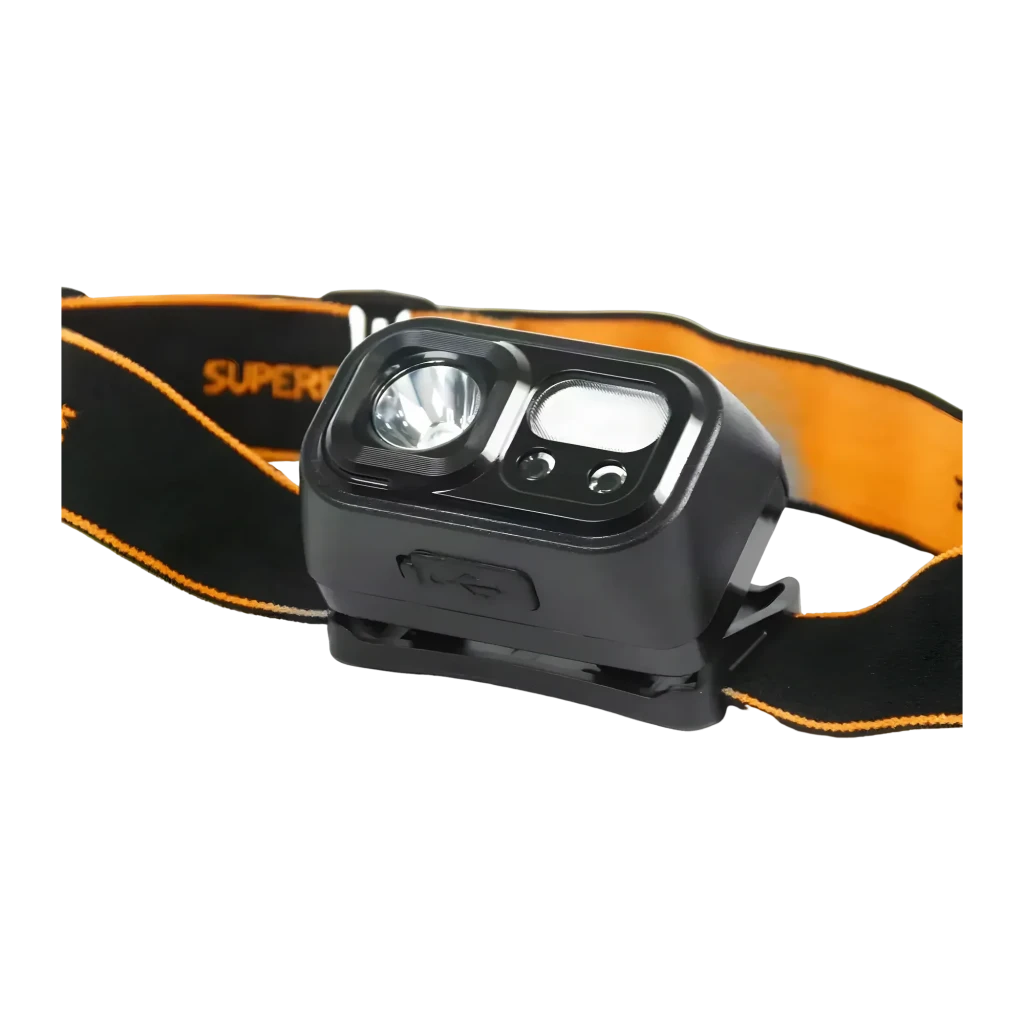 Lampe frontale LED Superfire Noir Rechargeable USB-C 120 lumens 110 m HL23-X, détail: module optique, boutons et port USB-C