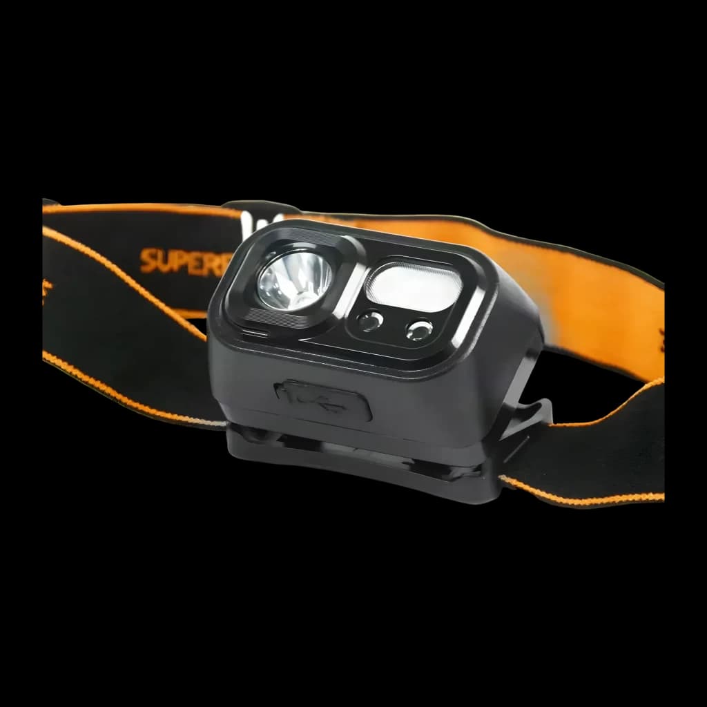 Lampe frontale LED Superfire Noir Rechargeable USB-C 120 lumens 110 m HL23-X, détail: module optique, boutons et port USB-C