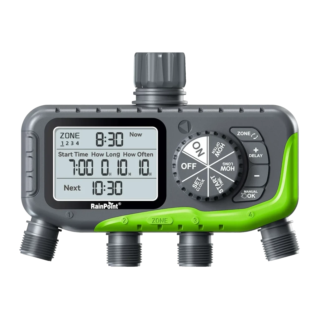Programador de riego RainPoint IP65 4 zonas independientes 4 pilas AA ITV447, vista frontal: pantalla LCD, dial giratorio
