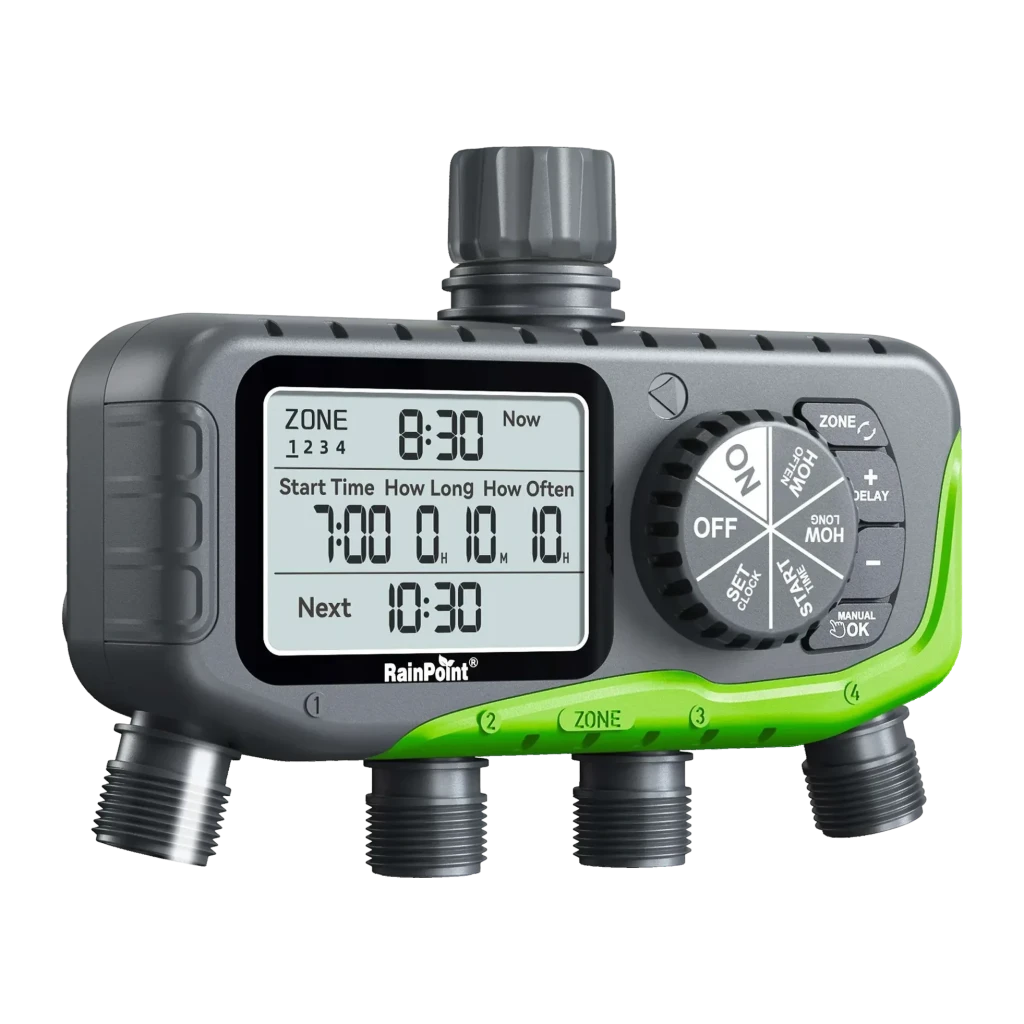 Programador de riego RainPoint IP65 4 zonas independientes 4 pilas AA ITV447, detalle: pantalla LCD con zonas, horarios y 4