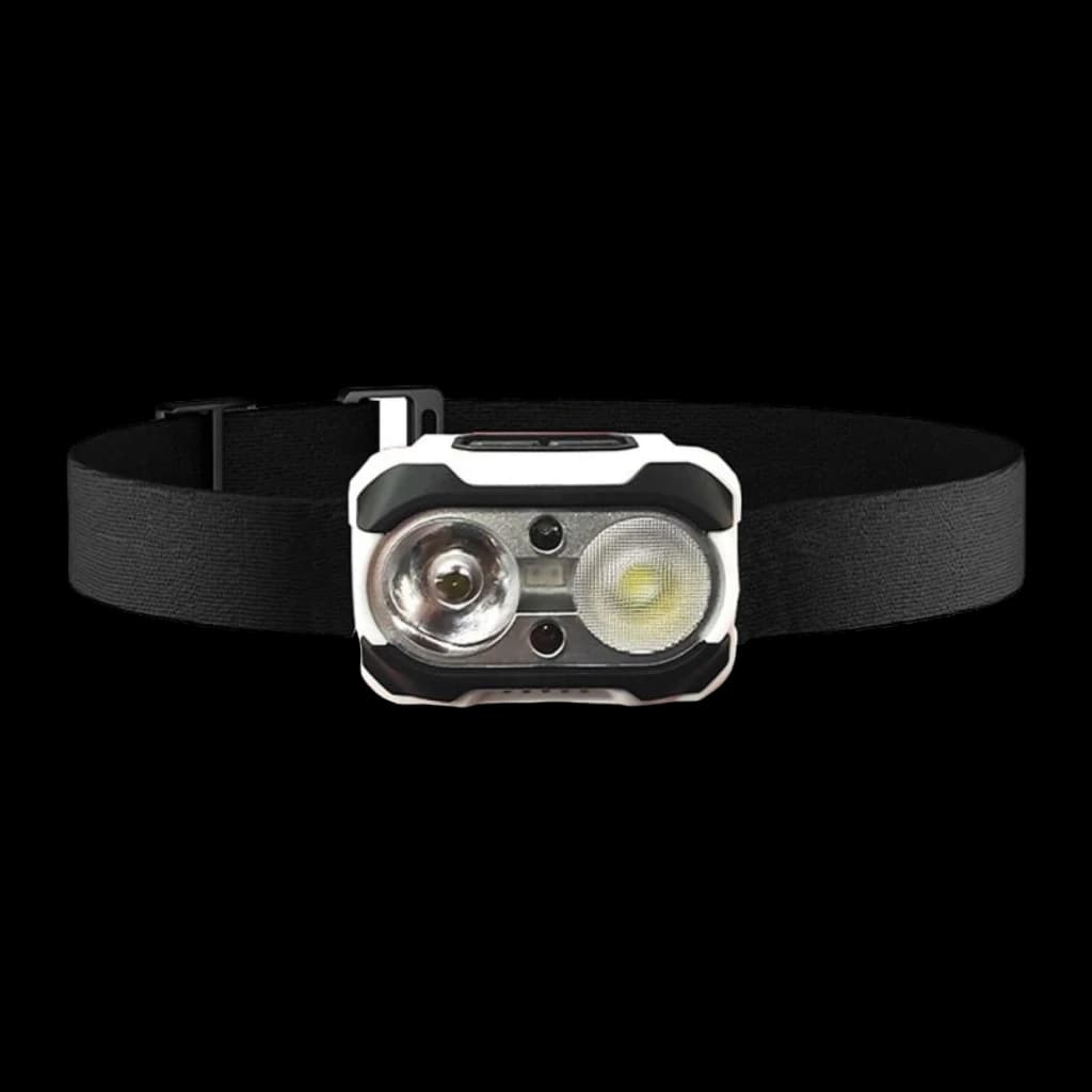 Linterna frontal Superfire HE10 USB-C 550 lúmenes 160m, detalle frontal: dos LEDs, cuerpo blanco y negro, cinta elástica