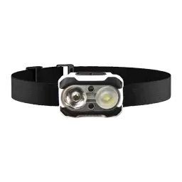 Linterna frontal Superfire HE10 USB-C 550 lúmenes 160m, detalle frontal: dos LEDs, cuerpo blanco y negro, cinta elástica