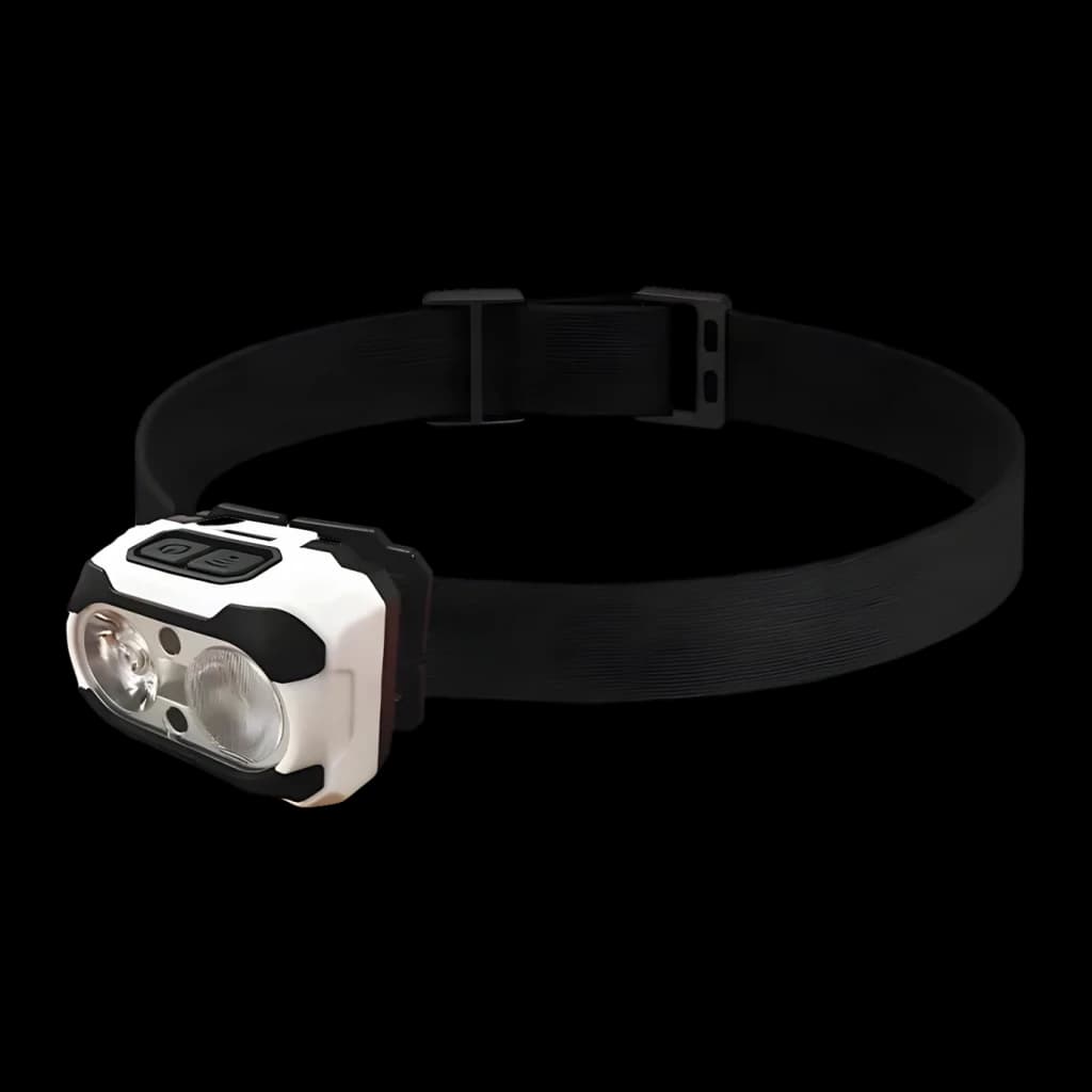 Linterna frontal Superfire HE10 USB-C 550 lúmenes 160m, vista frontal: cuerpo blanco y negro con dos LEDs y dos botones