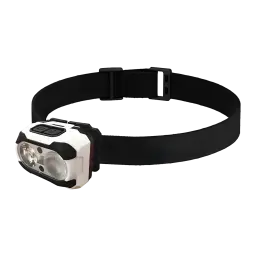 Linterna frontal Superfire HE10 USB-C 550 lúmenes 160m, vista frontal: cuerpo blanco y negro con dos LEDs y dos botones