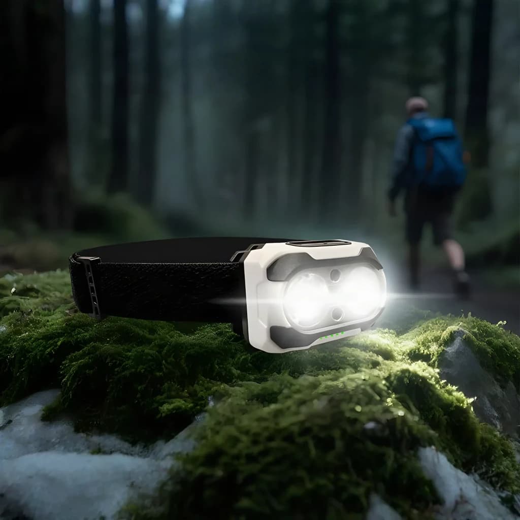 Linterna frontal Superfire HE10 USB-C 550 lúmenes 160m, en uso: LEDs encendidos sobre roca musgosa con senderista al fondo