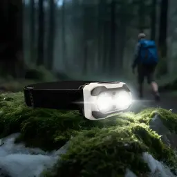 Linterna frontal Superfire HE10 USB-C 550 lúmenes 160m, en uso: LEDs encendidos sobre roca musgosa con senderista al fondo