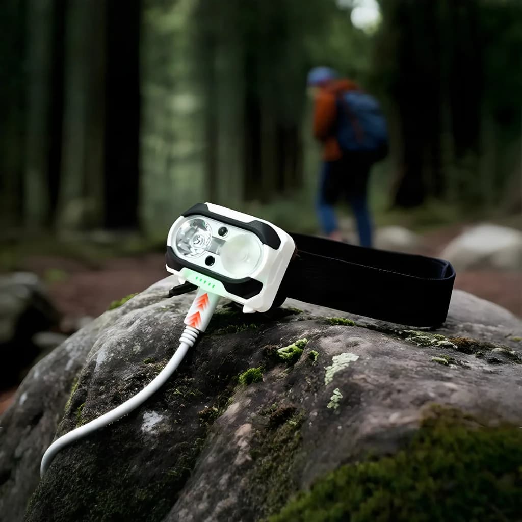 Linterna frontal Superfire HE10 USB-C 550 lúmenes 160m, en uso: cargándose sobre roca musgosa en bosque, senderista al fondo