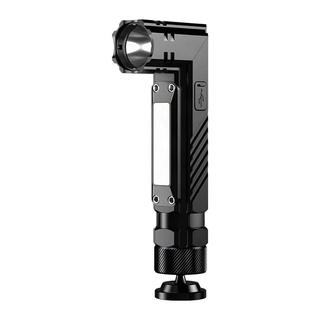Lanterna LED Superfire G19 Preto USB-C 200lm Base magnética, cabeça 90°, 5 modos, vista frontal: cabeça giratória, painel