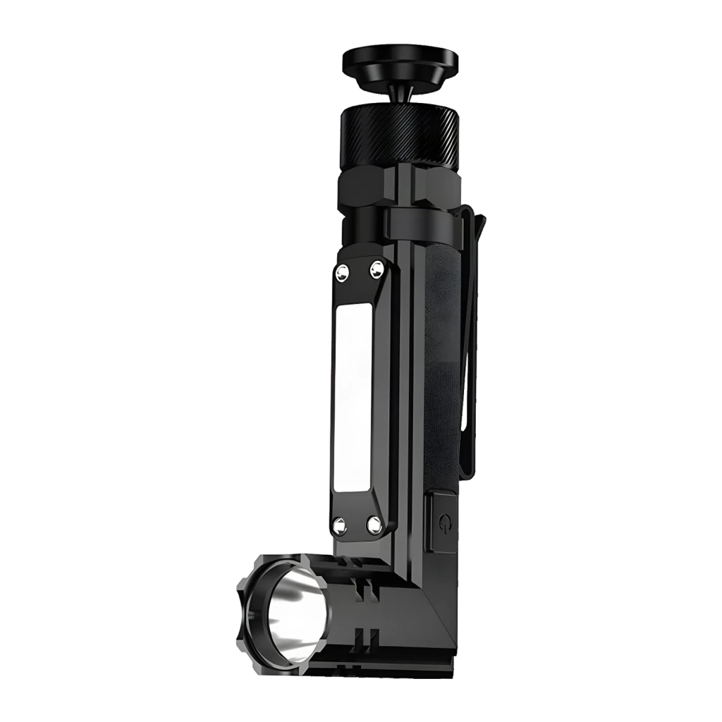 Lanterna LED Superfire G19 Preto USB-C 200lm Base magnética, cabeça 90°, 5 modos, detalhe: cabeça girada 90° mostrando lente