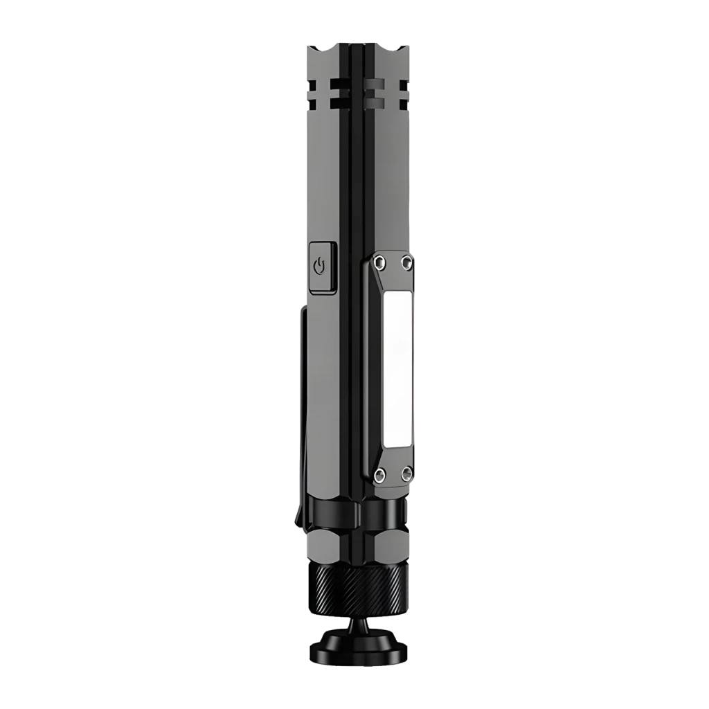 Lanterna LED Superfire G19 Preto USB-C 200lm Base magnética, cabeça 90°, 5 modos, detalhe lateral: painel COB central, botão
