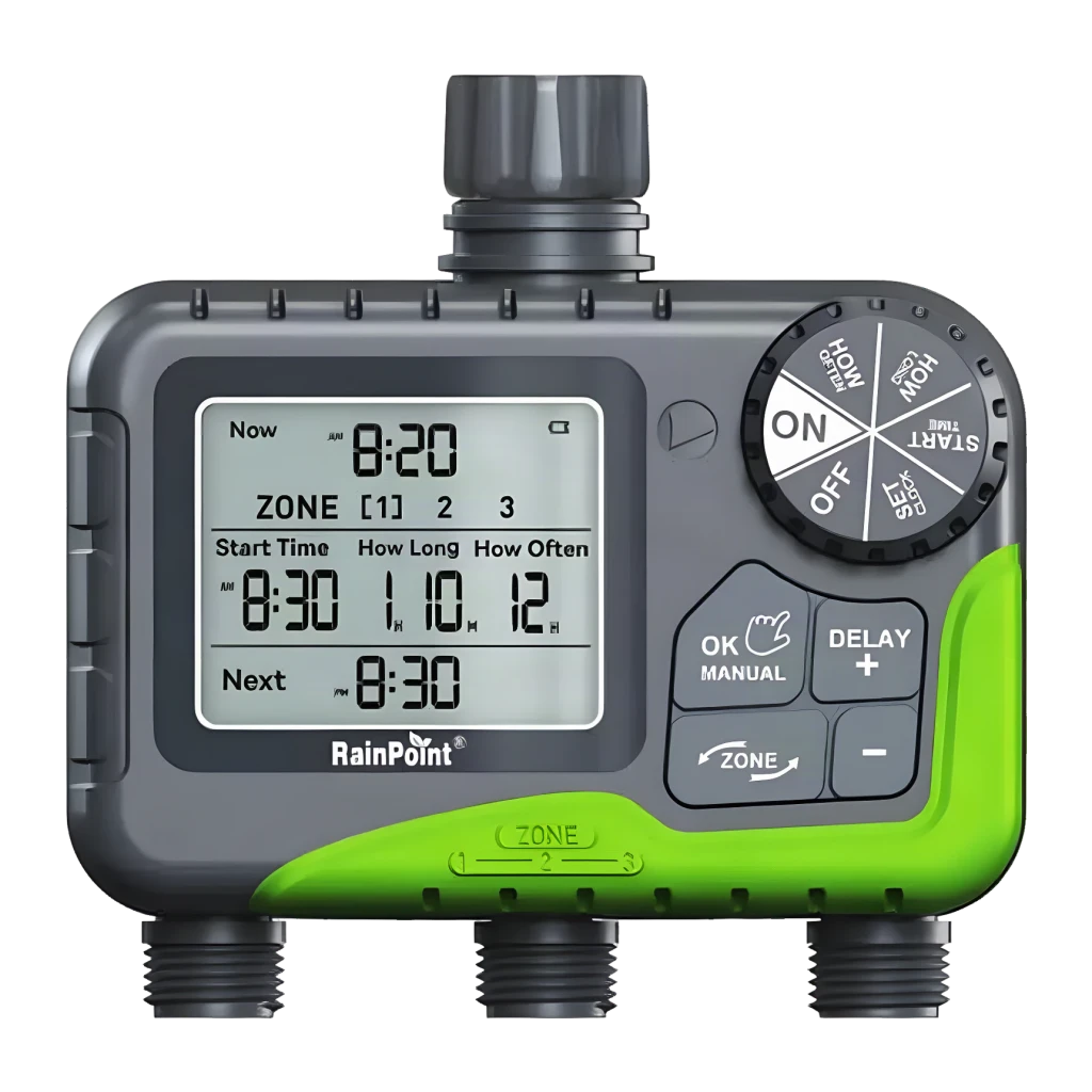 Programador de riego RainPoint 3 Zonas 4× pilas AA ITV305, vista frontal: pantalla LCD, dial giratorio y 3 salidas de zona