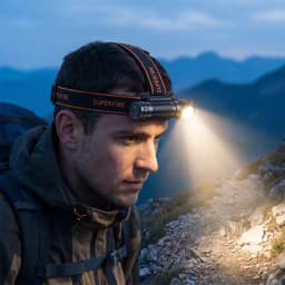Linterna Frontal Superfire USB-C 500 lúmenes 116m TH04-U, en uso: senderista con mochila ilumina sendero rocoso al atardecer
