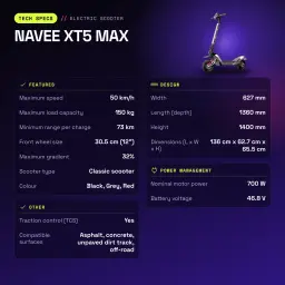 Patinete Eléctrico NAVEE XT5 MAX 700W 110km 25km/h 12 pulgadas - características