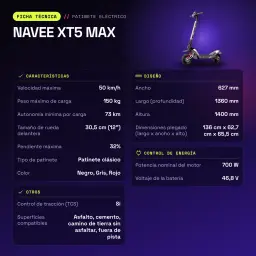 Patinete Eléctrico NAVEE XT5 MAX 700W 110km 25km/h 12 pulgadas - características