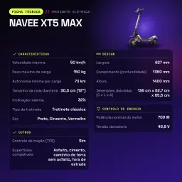 Patinete Eléctrico NAVEE XT5 MAX 700W 110km 25km/h 12 pulgadas - características