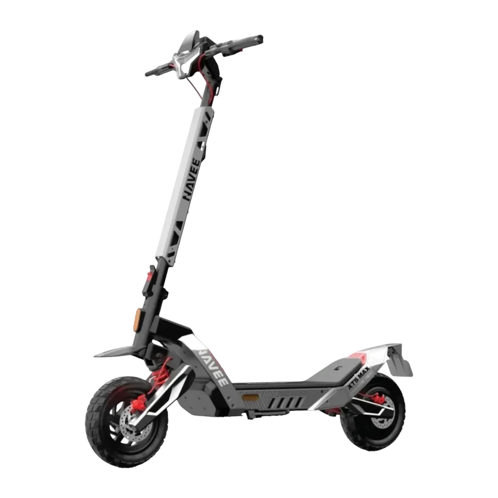 Patinete Eléctrico NAVEE XT5 MAX 700W 110km 25km/h 12 pulgadas, vista frontal: chasis gris con detalles rojos, manillar