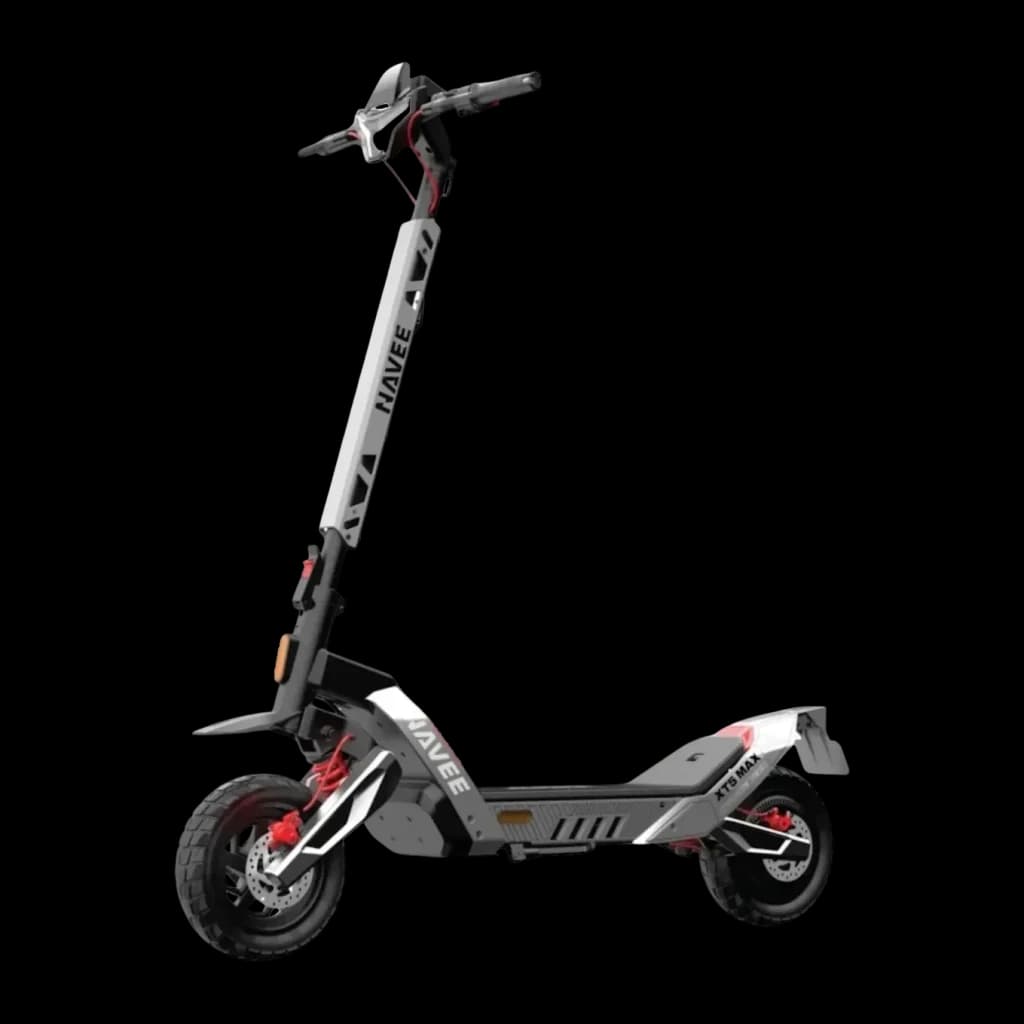 Patinete Eléctrico NAVEE XT5 MAX 700W 110km 25km/h 12 pulgadas, vista frontal: chasis gris con detalles rojos, manillar
