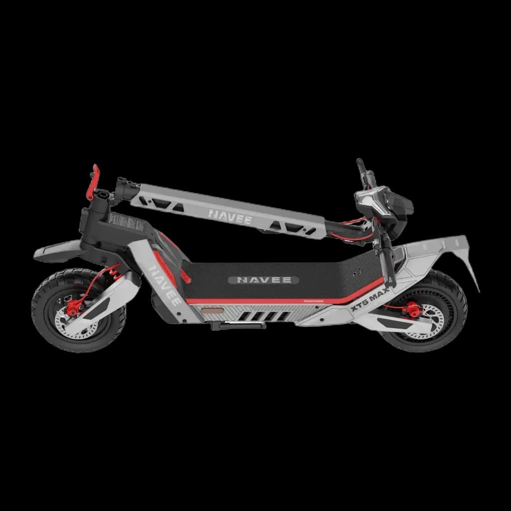 Patinete Eléctrico NAVEE XT5 MAX 700W 110km 25km/h 12 pulgadas, detalle lateral: manillar plegado, frenos de disco rojos