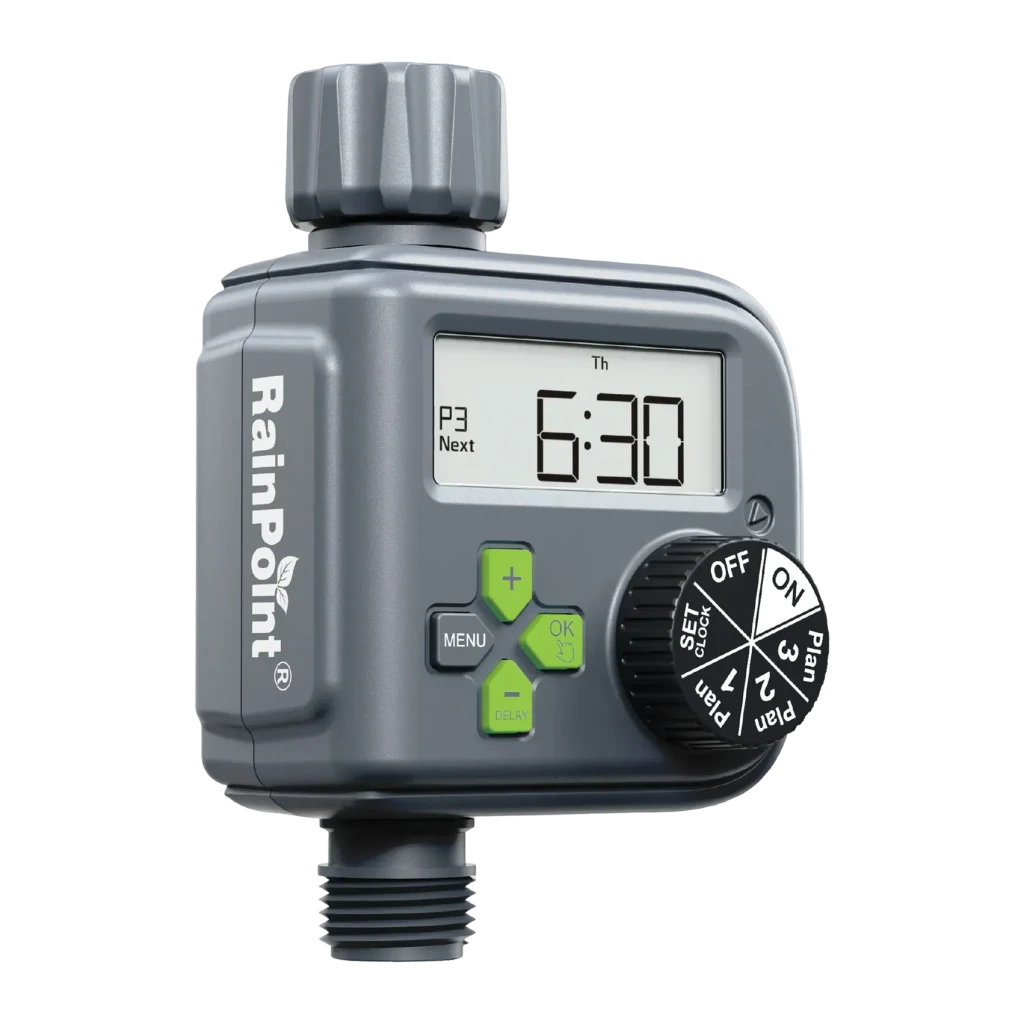Programmateur d'Arrosage RainPoint Sans Connexion Électrique (Piles) 2×AAA Gris ITV517V6-RS, vue de face: écran LCD