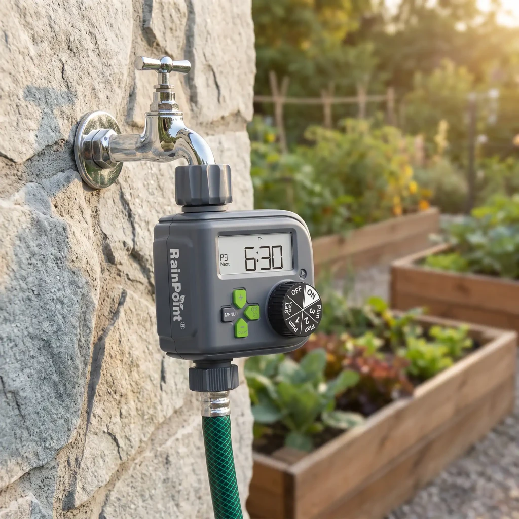 Programmateur d'Arrosage RainPoint Sans Connexion Électrique (Piles) 2×AAA Gris ITV517V6-RS, en utilisation: fixé