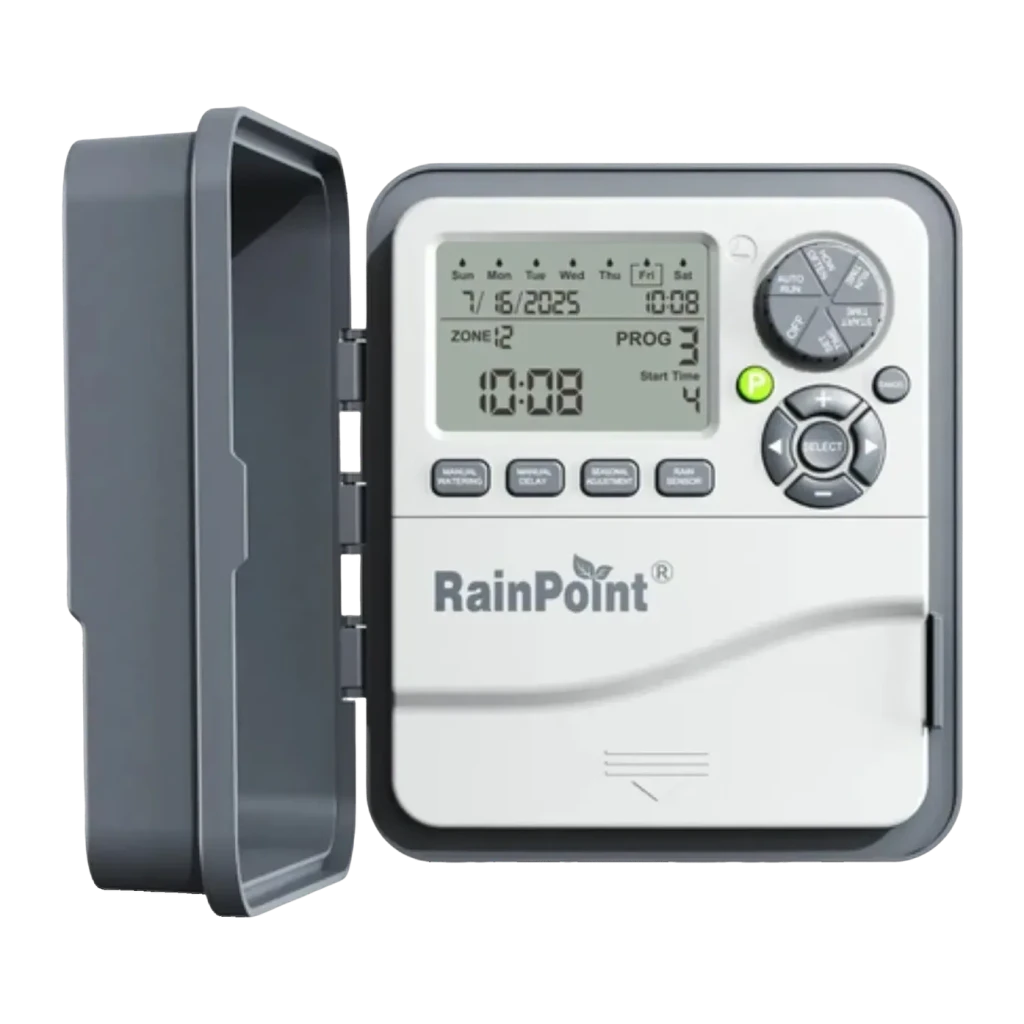 Programador de Riego RainPoint Multizona ITC1200, vista frontal: pantalla LCD, tapa abierta, botones y dial rotatorio