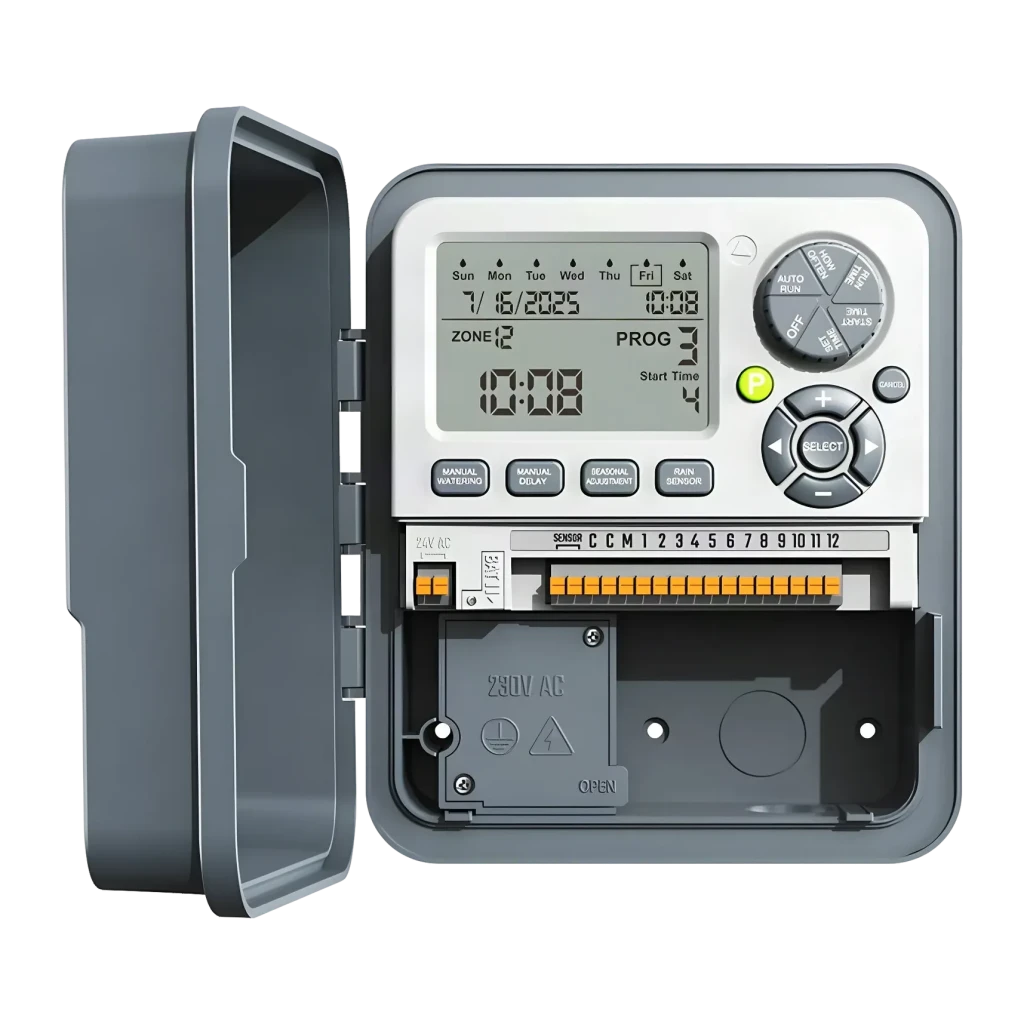 Programador de Riego RainPoint Multizona ITC1200, detalle: pantalla LCD, 12 terminales de zona y compartimento 230V AC