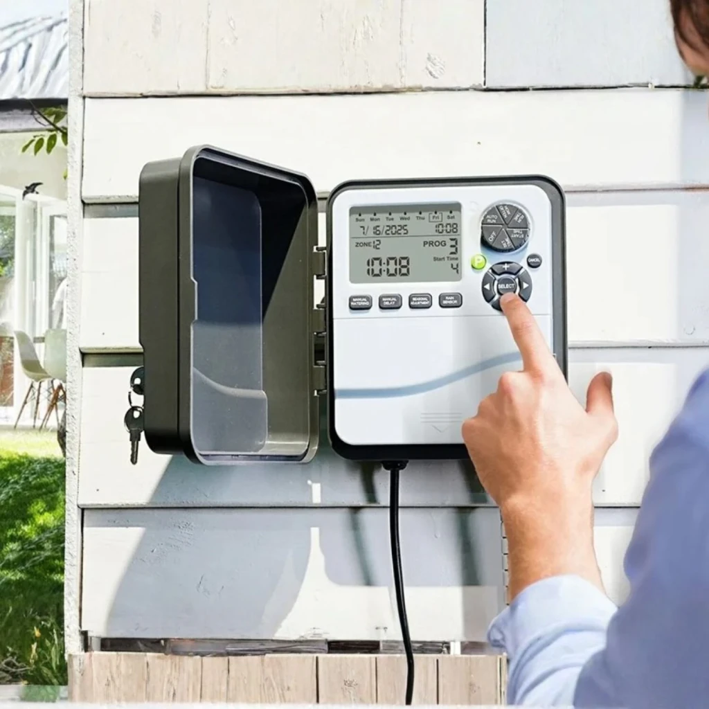 Programador de Riego RainPoint Multizona ITC1200, en uso: mano pulsando botón SELECT con tapa abierta montado en pared