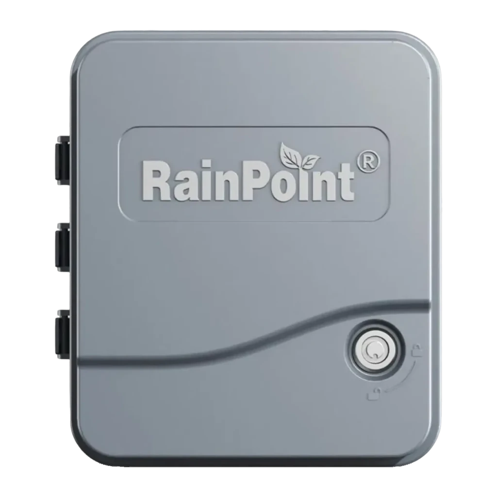 Programador de Riego RainPoint Multizona ITC1200, detalle: tapa frontal gris con logo, cerradura y bisagras laterales
