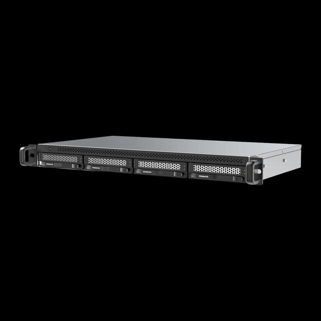 Caja DAS TerraMaster 4 Bahías Sin Discos USB 3.2 Gen 2 10Gb/s D4-320U, vista frontal: chasis 1U negro con 4 bahías y asas