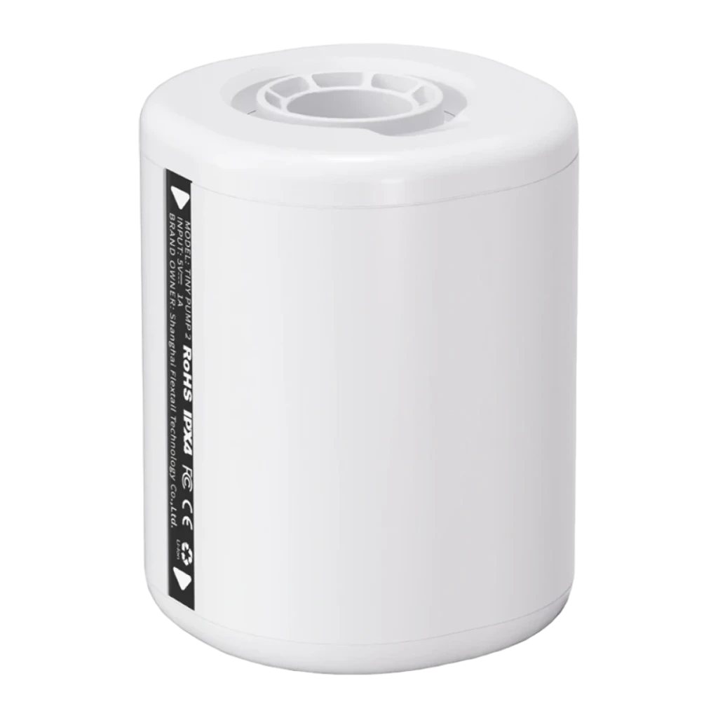 Gonfleur Électrique Flextail Tiny Pump 2 Blanc USB-C 1,5h IP44, vue de face: corps cylindrique blanc avec buse rotative
