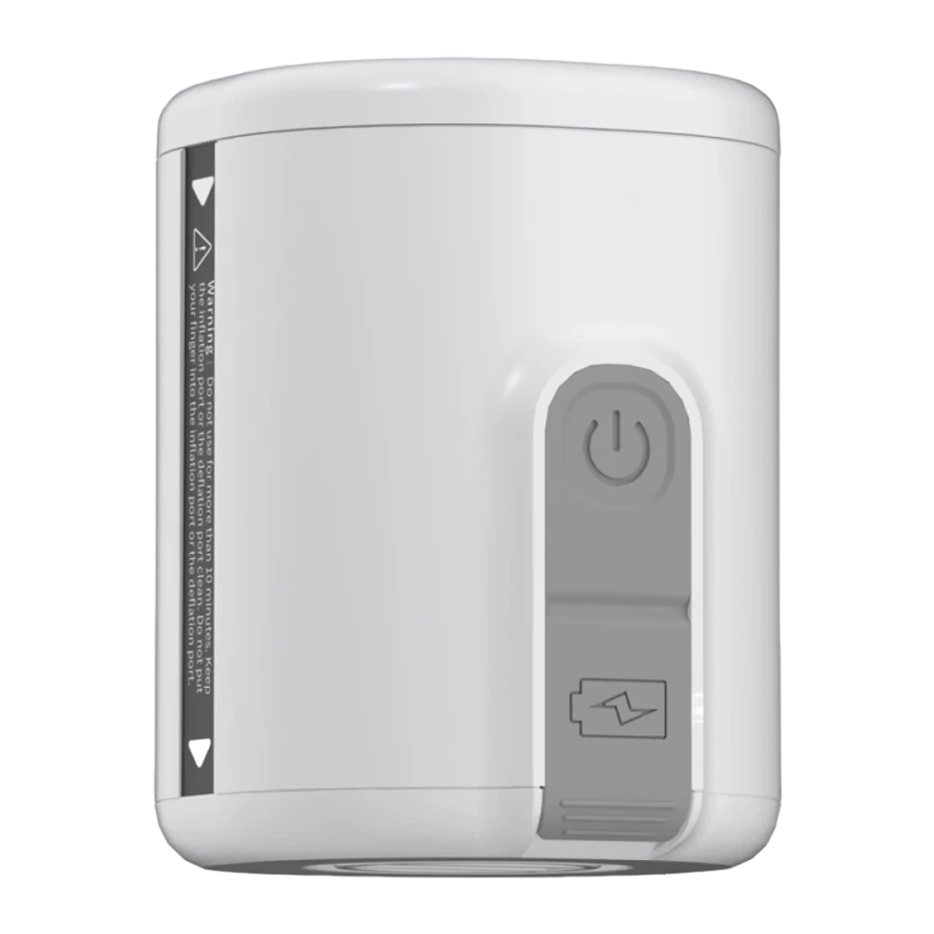Gonfleur Électrique Flextail Tiny Pump 2 Blanc USB-C 1,5h IP44, détail latéral: bouton d'alimentation gris et port de charge