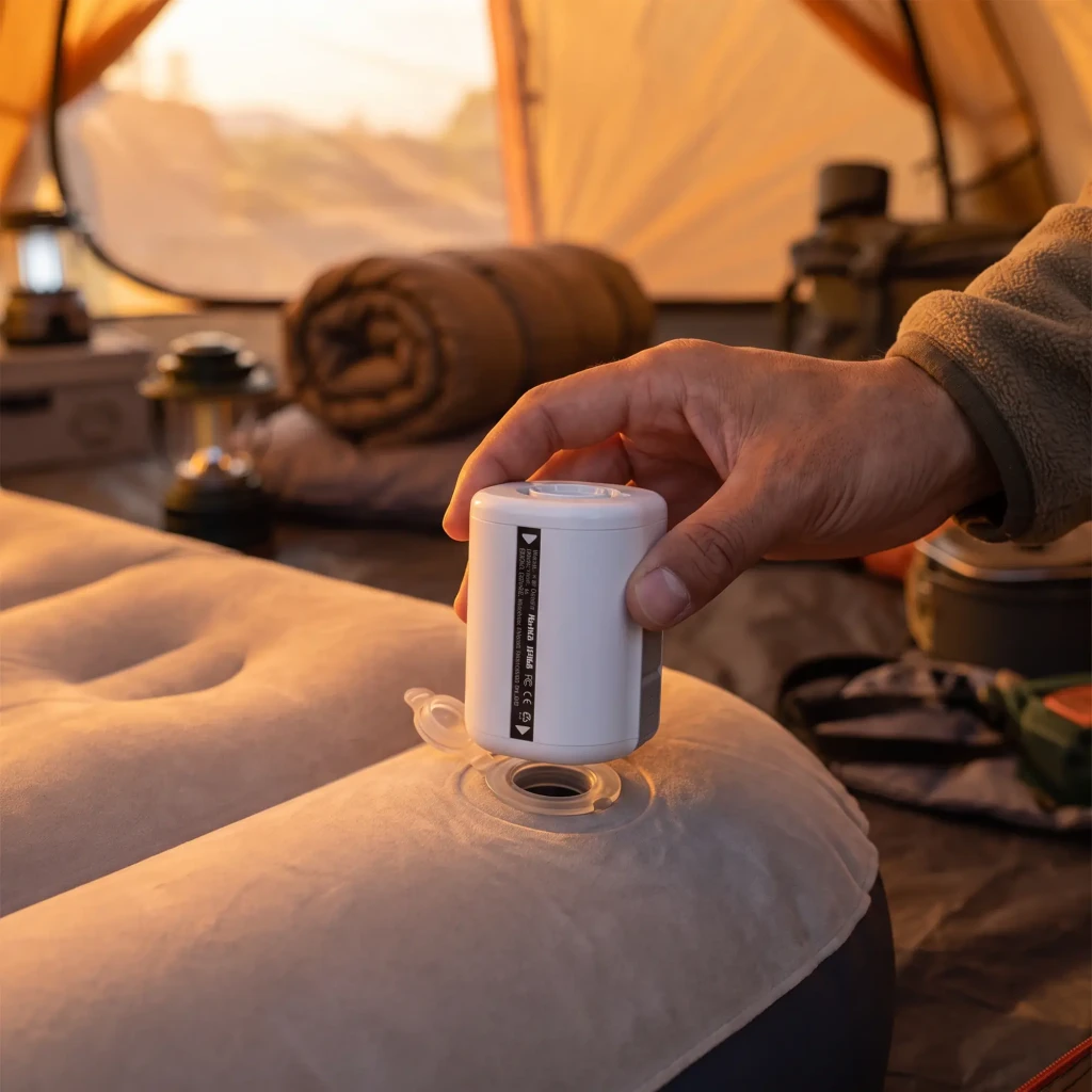 Gonfleur Électrique Flextail Tiny Pump 2 Blanc USB-C 1,5h IP44, en utilisation: main le posant sur la valve d'un matelas