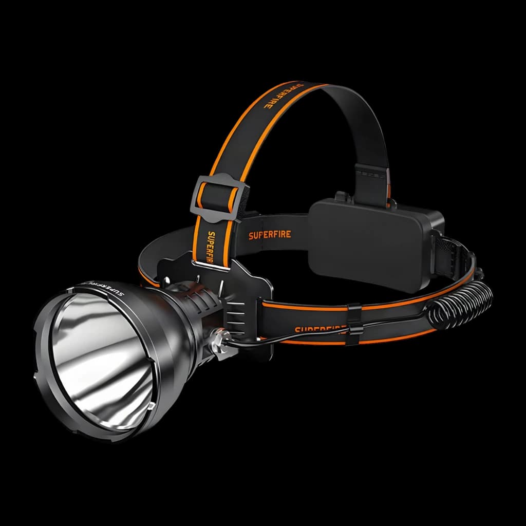 Linterna frontal Superfire HL60 Negro Recargable USB-C 2300lm 330 m, vista frontal: foco LED grande con reflector, diadema