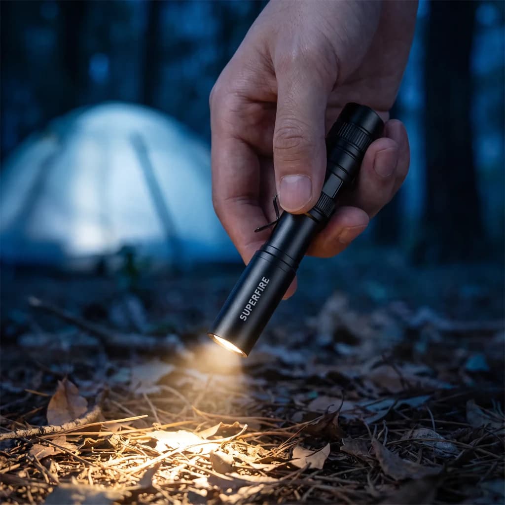 Linterna LED Superfire X18 Negro Pilas AAA 55 lúmenes 38 m, en uso: mano sostiene la linterna iluminando hojas en bosque