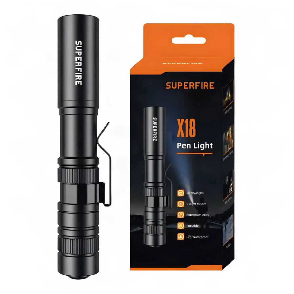 Linterna LED Superfire X18 Negro Pilas AAA 55 lúmenes 38 m, contenido de la caja: linterna con clip y caja naranja X18 Pen