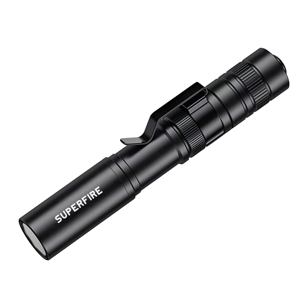 Linterna LED Superfire X18 Negro Pilas AAA 55 lúmenes 38 m, detalle: cuerpo tubular negro con clip metálico, anillas