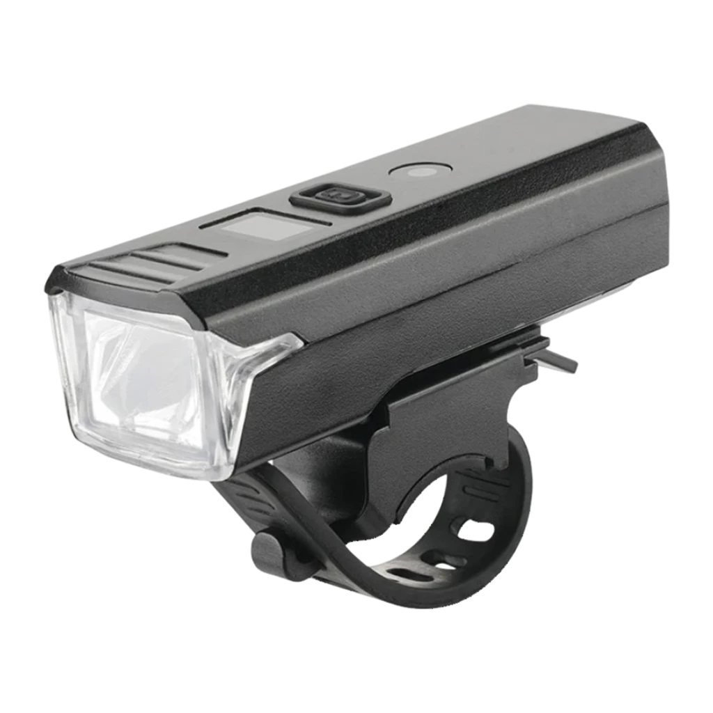 Luz de Bicicleta Superfire 280 lúmenes 4-8h USB-C BL56-B Negro, vista frontal: lente LED, botón de encendido y soporte
