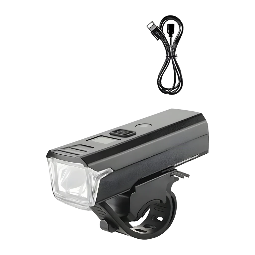 Luz de Bicicleta Superfire 280 lúmenes 4-8h USB-C BL56-B Negro, detalle: lente frontal LED, soporte manillar y cable USB-C