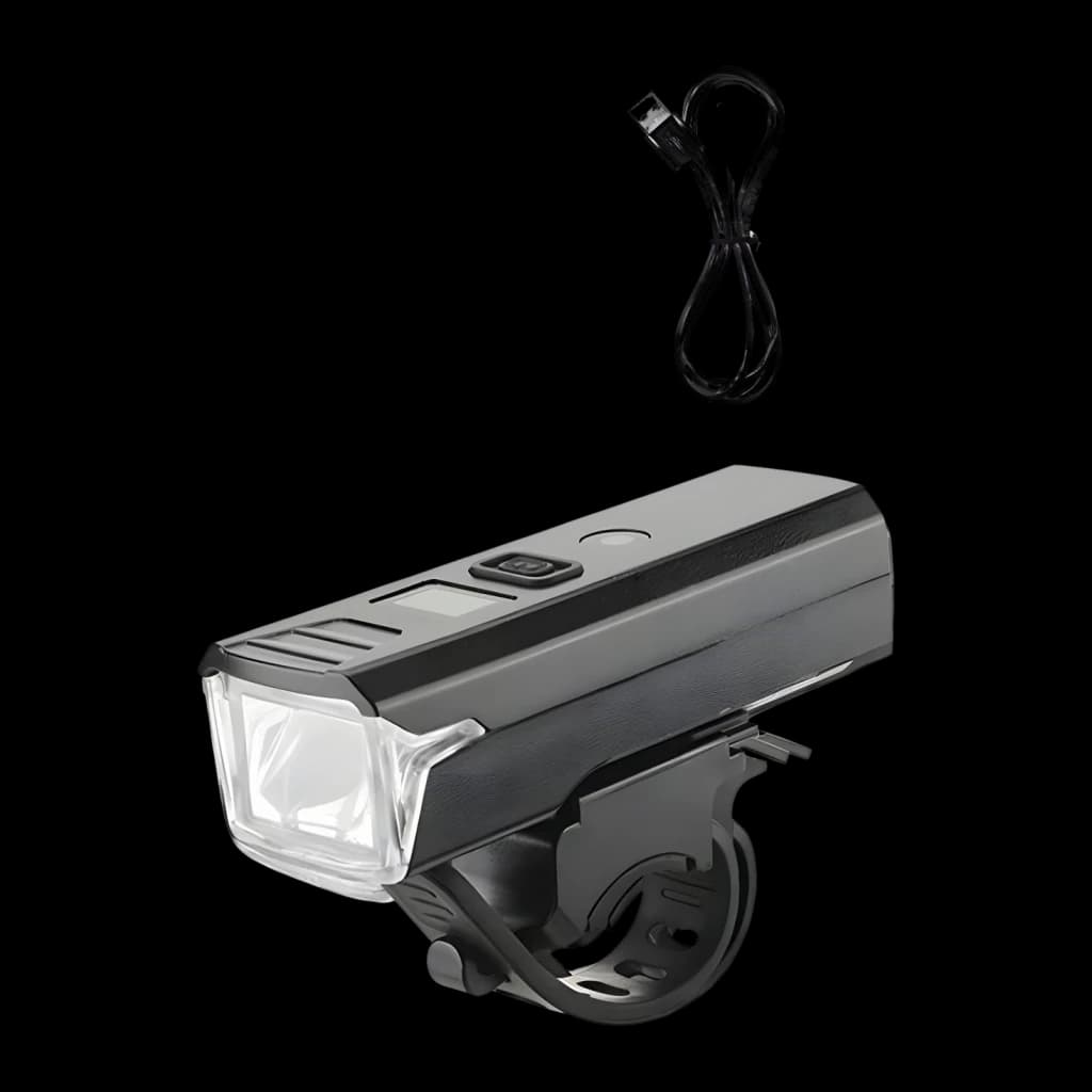 Luz de Bicicleta Superfire 280 lúmenes 4-8h USB-C BL56-B Negro, detalle: lente frontal LED, soporte manillar y cable USB-C