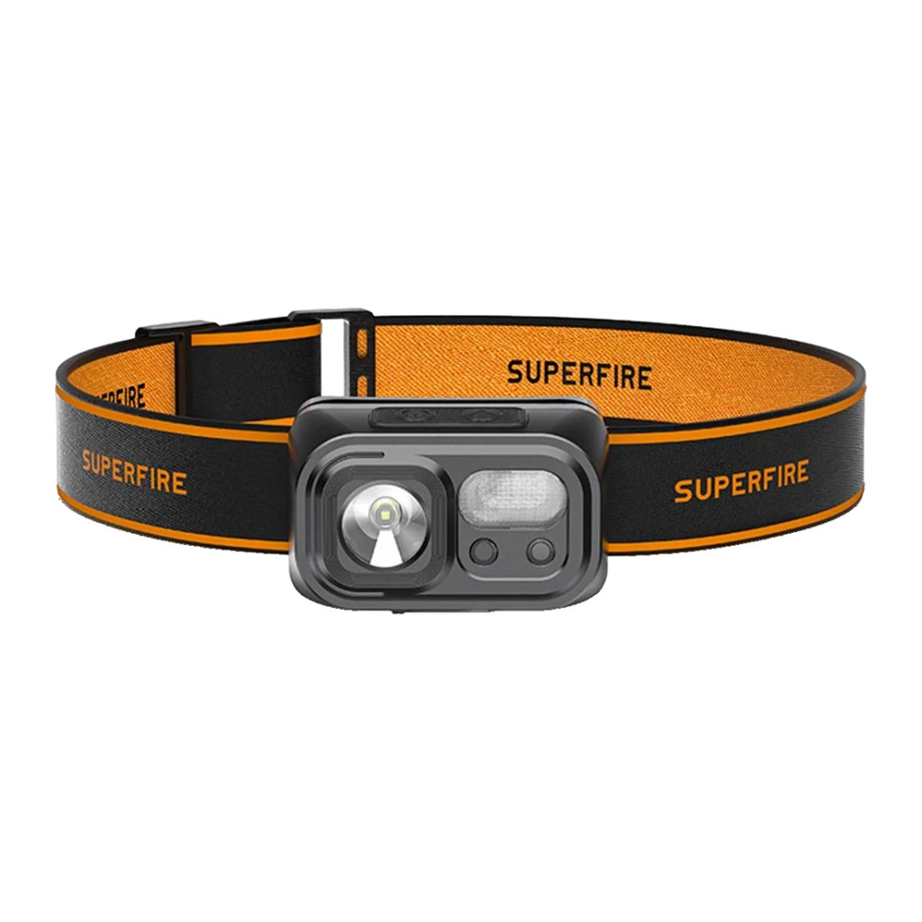 Lampe Frontale LED Superfire HL23-A Rechargeable USB-C 220 Lumens 120 m, vue frontale: boîtier noir avec module lumineux