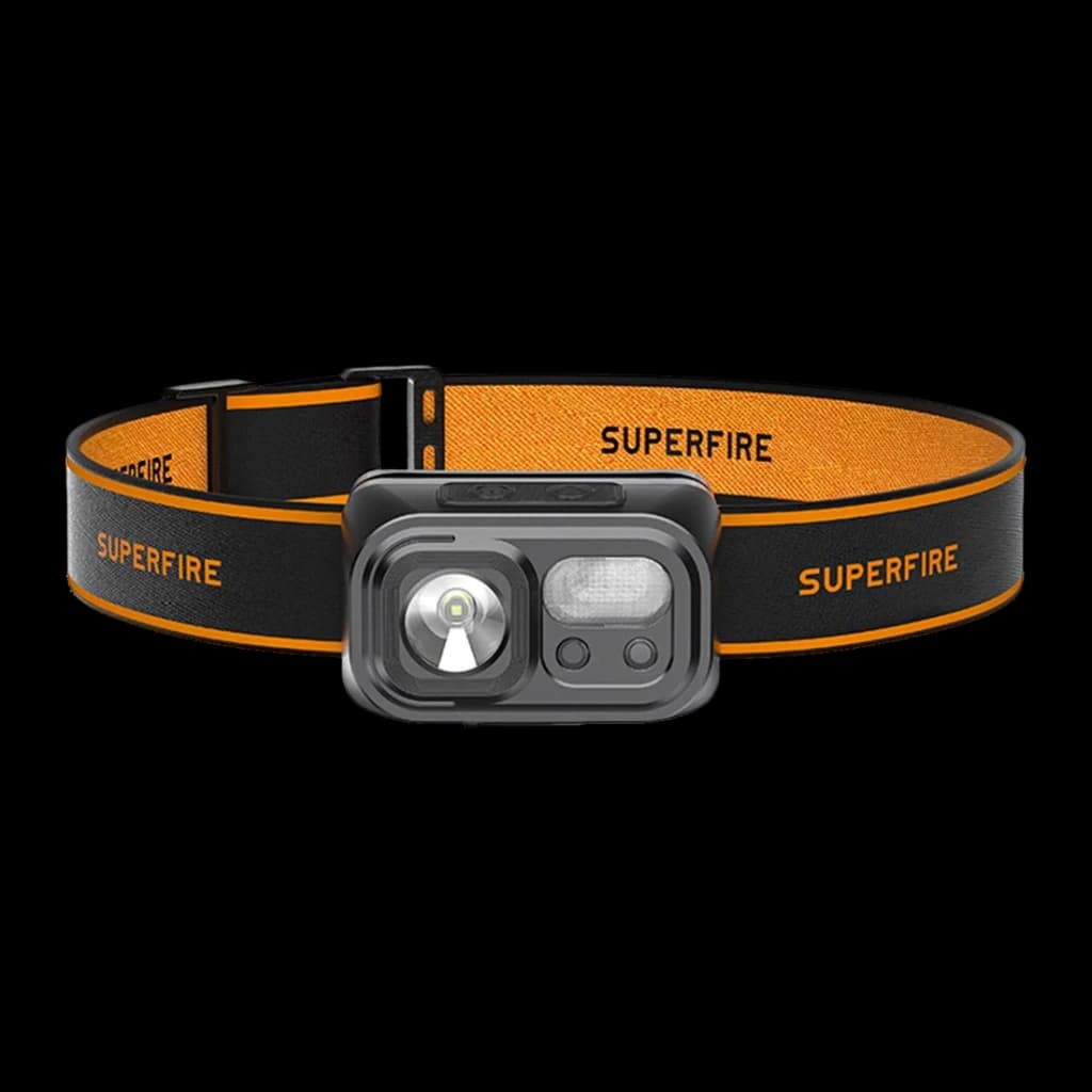Lampe Frontale LED Superfire HL23-A Rechargeable USB-C 220 Lumens 120 m, vue frontale: boîtier noir avec module lumineux