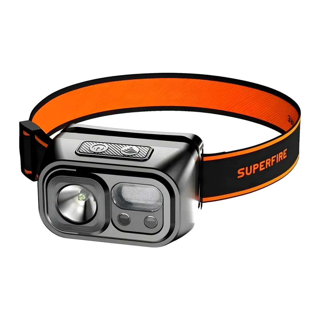 Lampe Frontale LED Superfire HL23-A Rechargeable USB-C 220 Lumens 120 m, détail: double module LED, boutons et bandeau