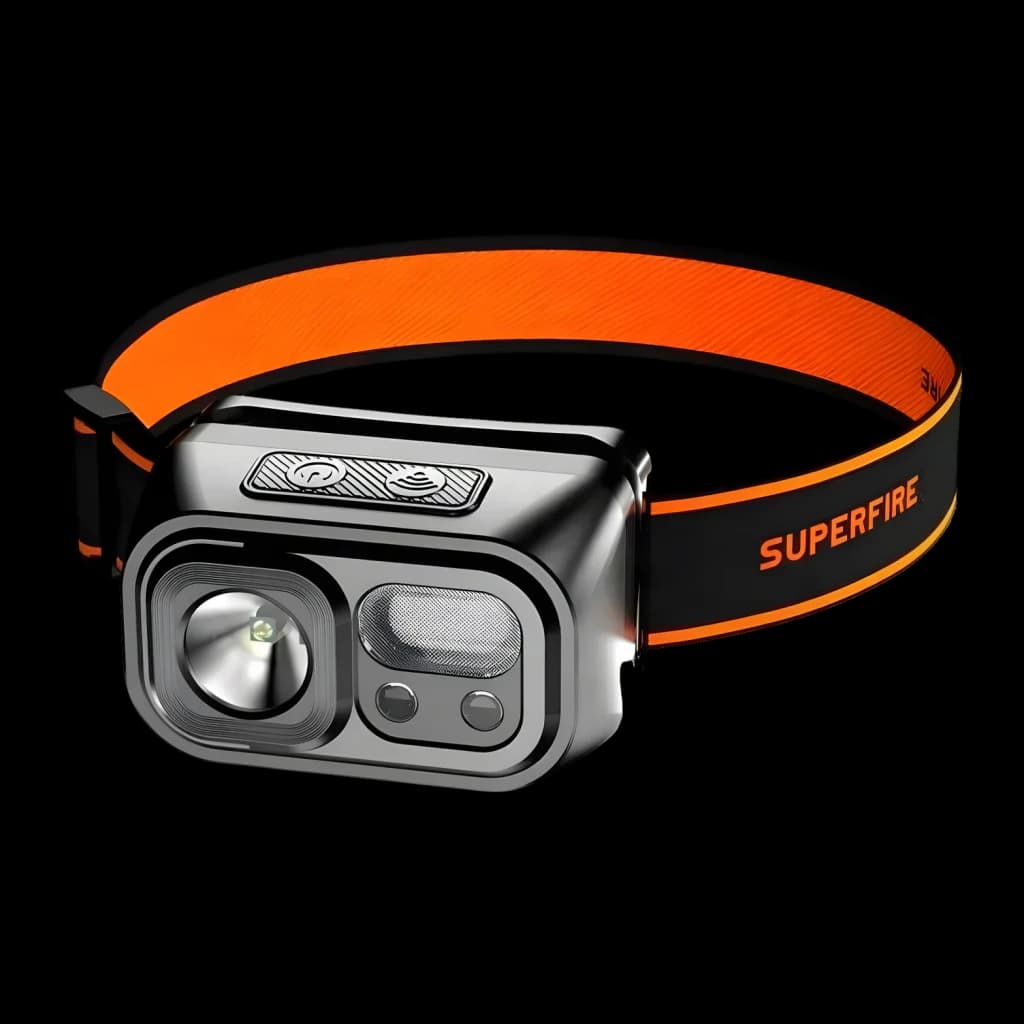 Lampe Frontale LED Superfire HL23-A Rechargeable USB-C 220 Lumens 120 m, détail: double module LED, boutons et bandeau