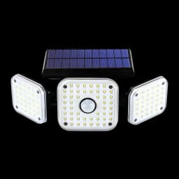 Candeeiro Solar Exterior Superfire IP54 2400mAh Preto 300lm 22W FF13-C, vista frontal: painel solar superior, 3 cabeças LED