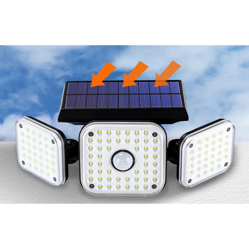 Candeeiro Solar Exterior Superfire IP54 2400mAh Preto 300lm 22W FF13-C, vista frontal: 3 cabeças LED orientáveis, painel