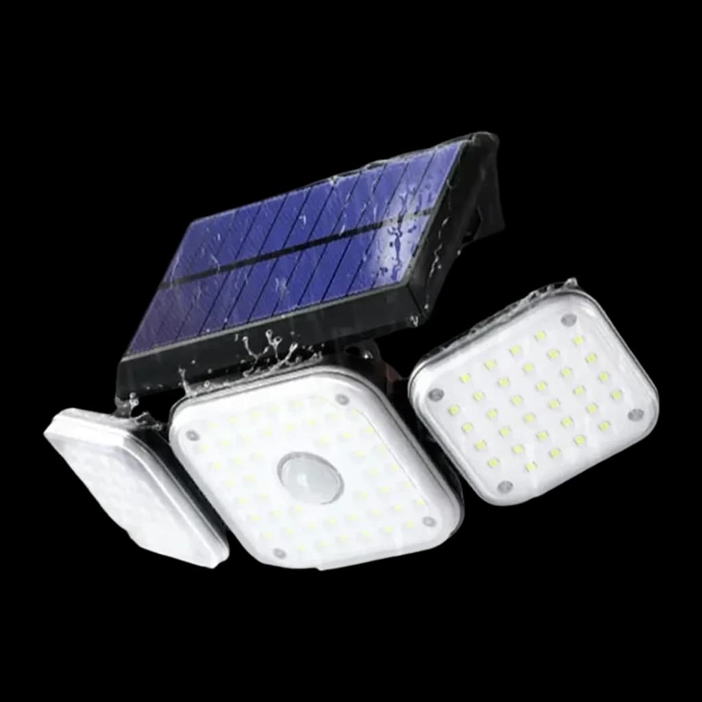 Candeeiro Solar Exterior Superfire IP54 2400mAh Preto 300lm 22W FF13-C, detalhe: painel solar azul, 3 cabeças LED
